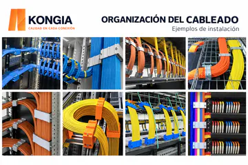 KONGIA — Ejemplos de instalación de organizadores apilables en racks y recorridos de cableado