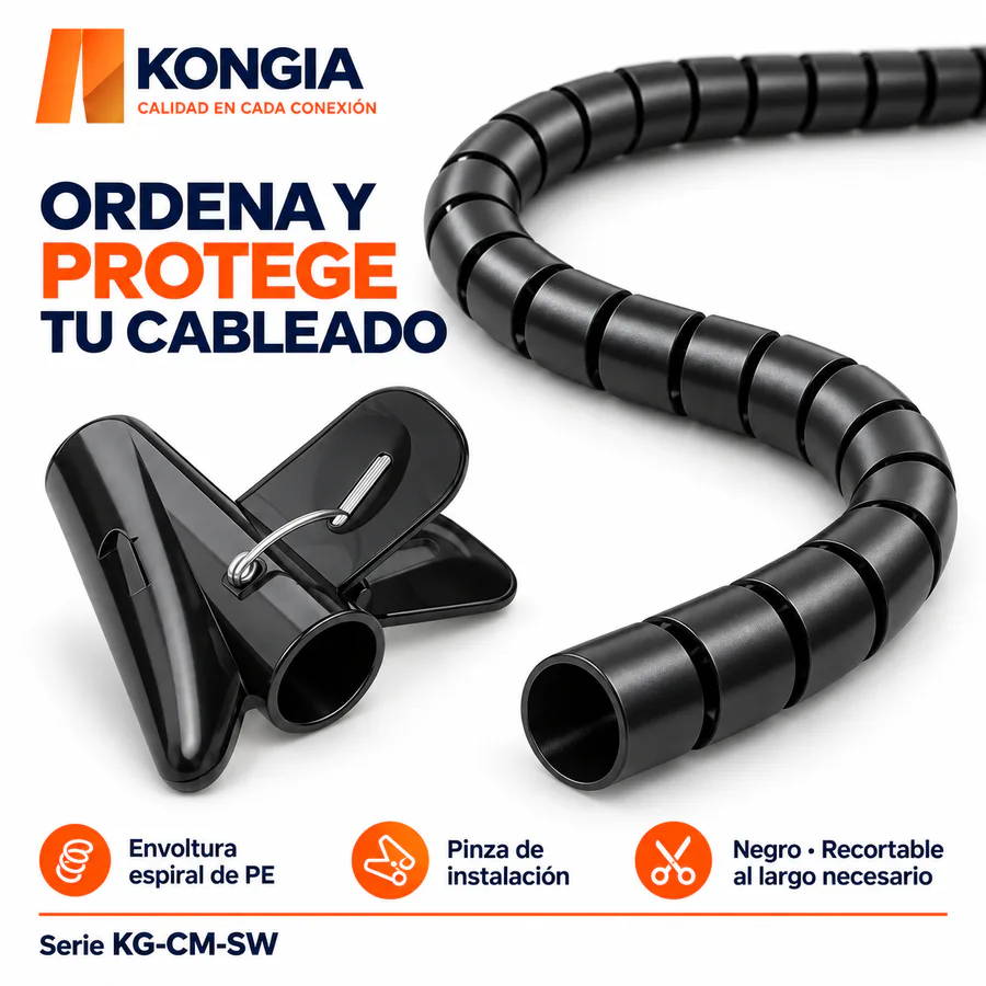 Escenarios de uso - Agrupador Espiral de Cables, 22 mm × 2 m, Negro, Bolsa con Pinza