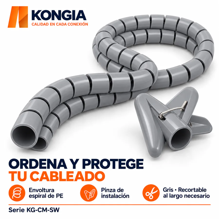 Escenarios de uso - Agrupador Espiral de Cables, 22 mm × 2 m, Gris, Bolsa con Pinza