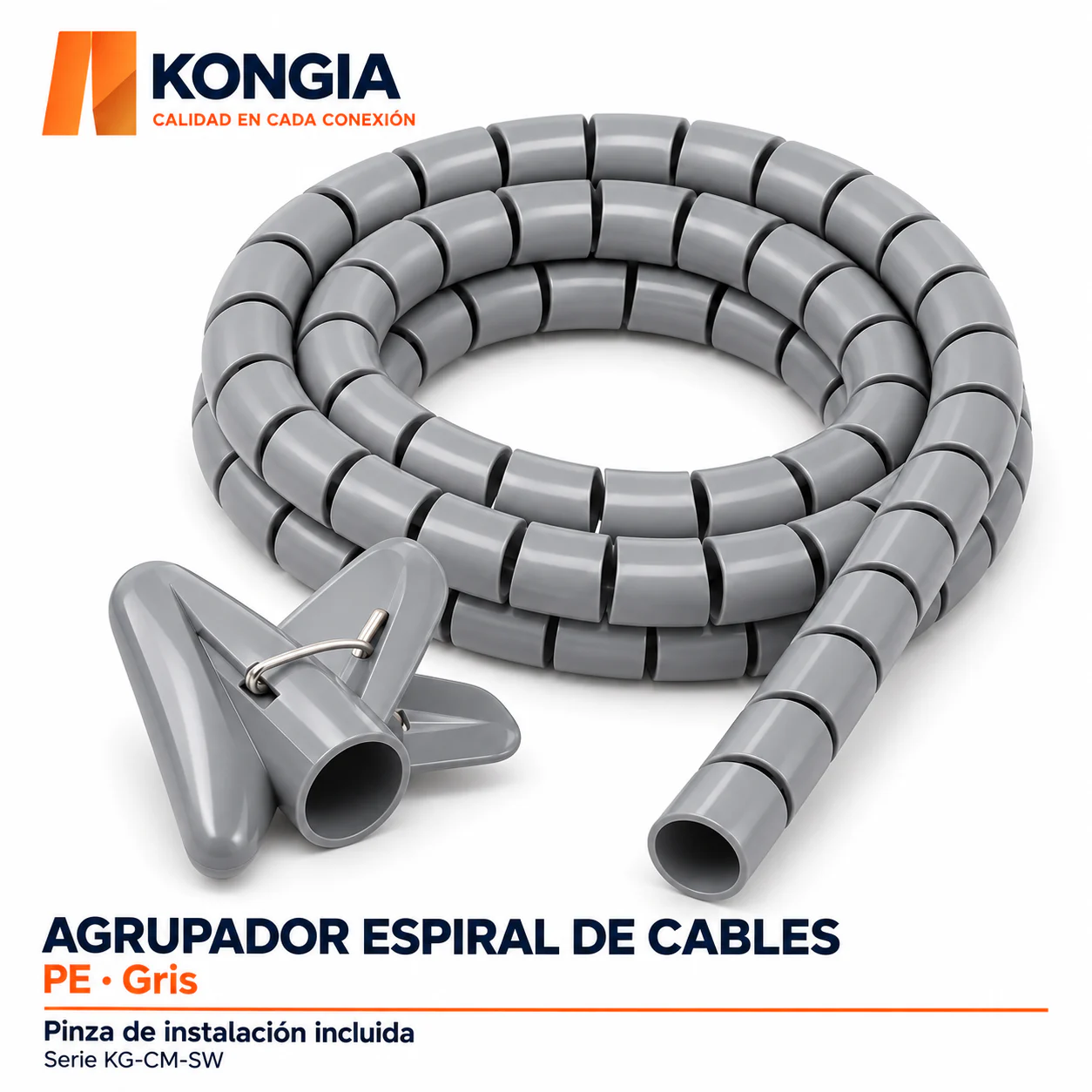Agrupador Espiral de Cables, 22 mm × 2 m, Gris, Bolsa con Pinza