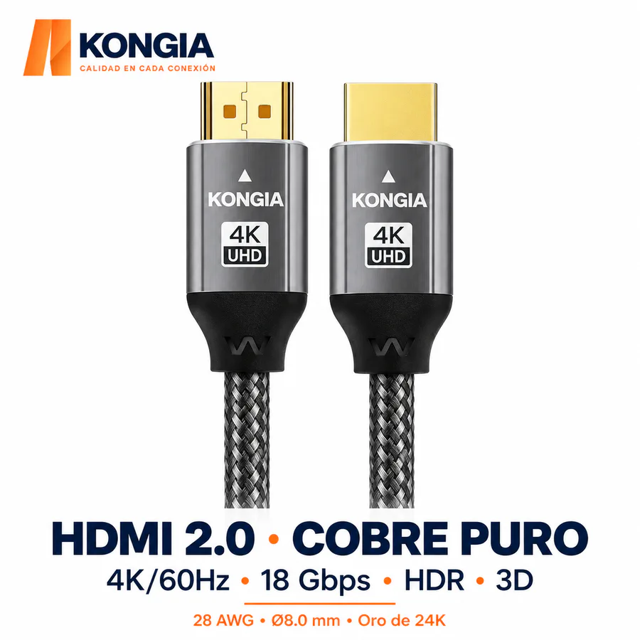 Cable HDMI 2.0 de 0,5 m · 100% cobre puro estañado 28 AWG · Ø8.0 mm · 4K/60Hz · 18 Gbps · HDR · Oro de 24K