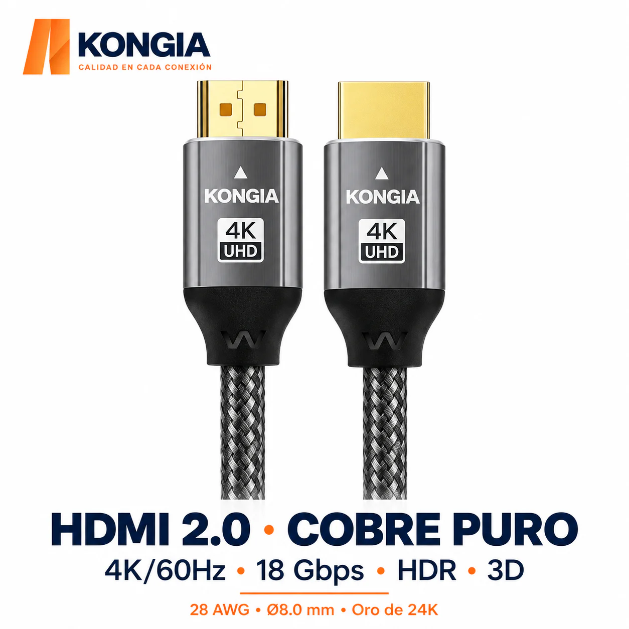 Cable HDMI 2.0 de 2 m · 100% cobre puro estañado 28 AWG · Ø8.0 mm · 4K/60Hz · 18 Gbps · HDR · Oro de 24K