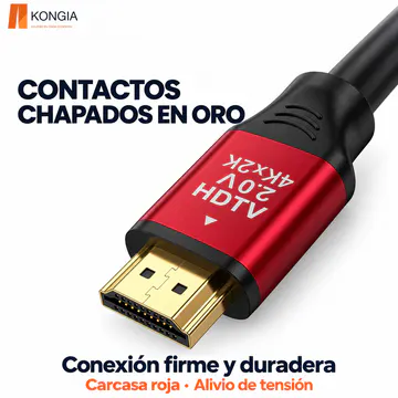 KG-CT-HDMI20-5M — Detalle de contactos chapados en oro y carcasa roja