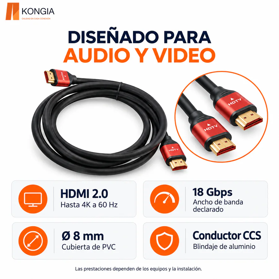 Escenarios de uso - Cable HDMI 2.0 1 m · 4K/60Hz · Conectores rojos · CCS · Diámetro del alambre: 8.0 mm · Versión 2.0 / Resolución 4K / Canal de retorno de audio (ARC) / Video 3D / Blindado para reducir interferencias / Chapado en oro / Alta resistencia y durabilidad