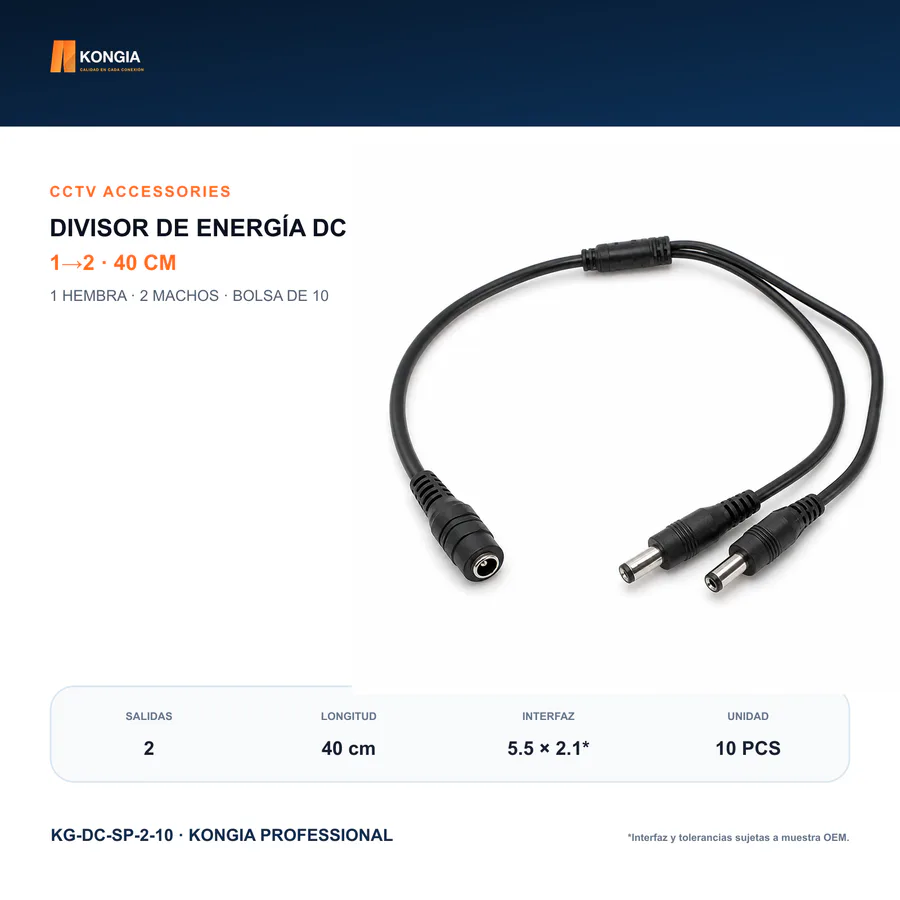 Divisor de Energía DC 1 a 2 para CCTV, 40 cm, Bolsa de 10