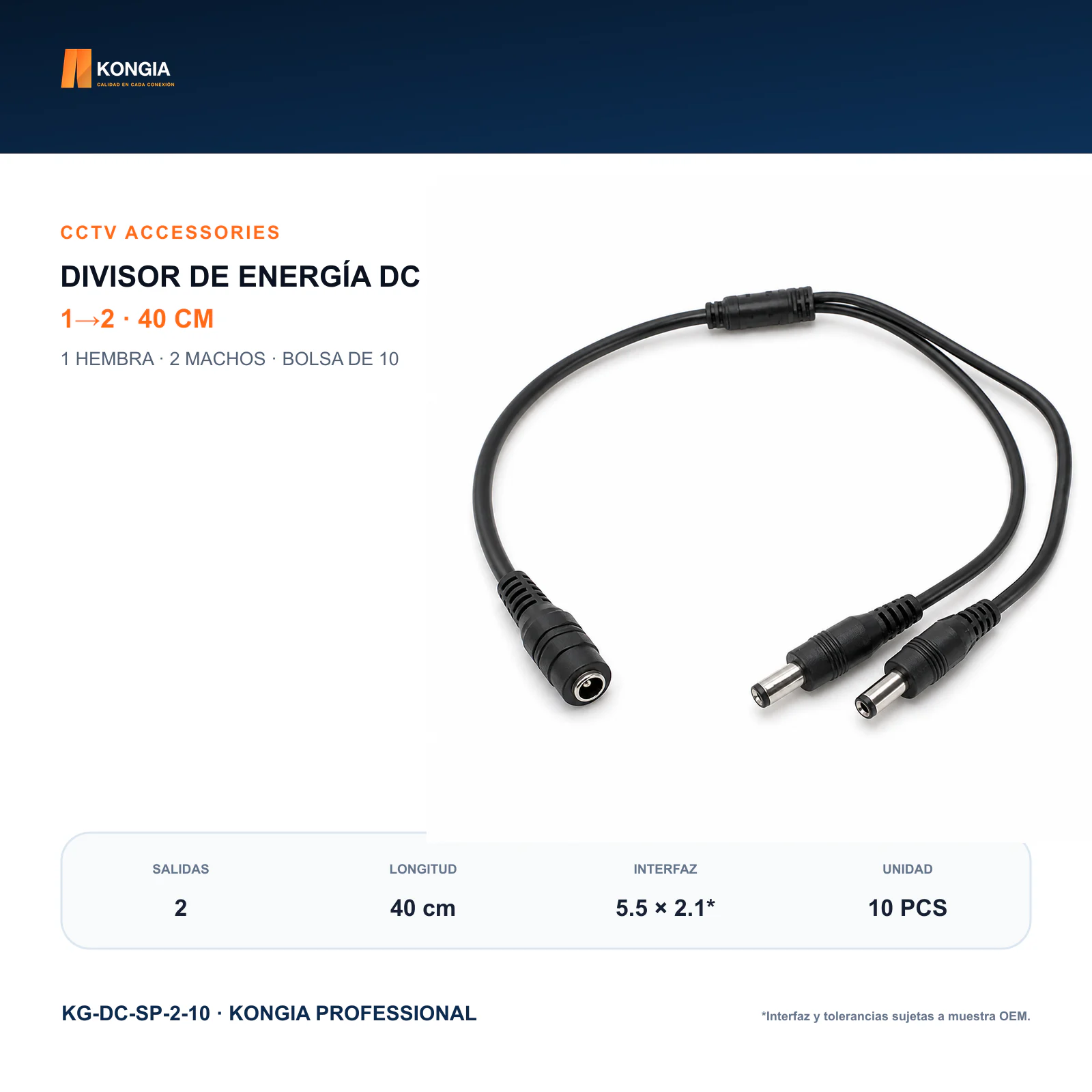 Divisor de Energía DC 1 a 2 para CCTV, 40 cm, Bolsa de 10