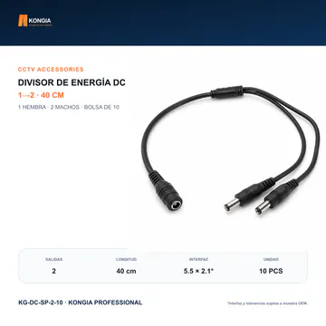 Vista principal con el número exacto de salidas — Divisor de Energía DC 1 a 2 para CCTV, 40 cm, Bolsa de 10 — KG-DC-SP-2-10