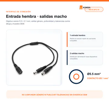Detalle de entrada hembra y salida macho 5.5 × 2.1 mm — Divisor de Energía DC 1 a 2 para CCTV, 40 cm, Bolsa de 10 — KG-DC-SP-2-10