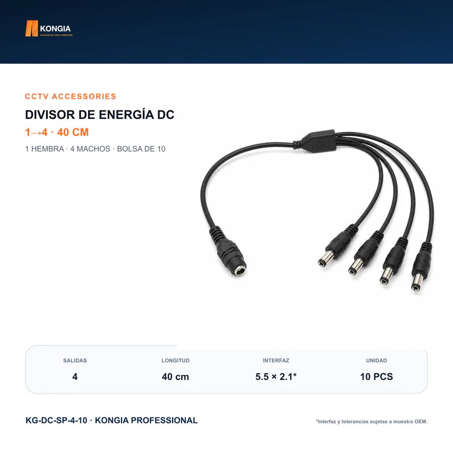 Divisor de Energía DC 1 a 4 para CCTV, 40 cm, Bolsa de 10