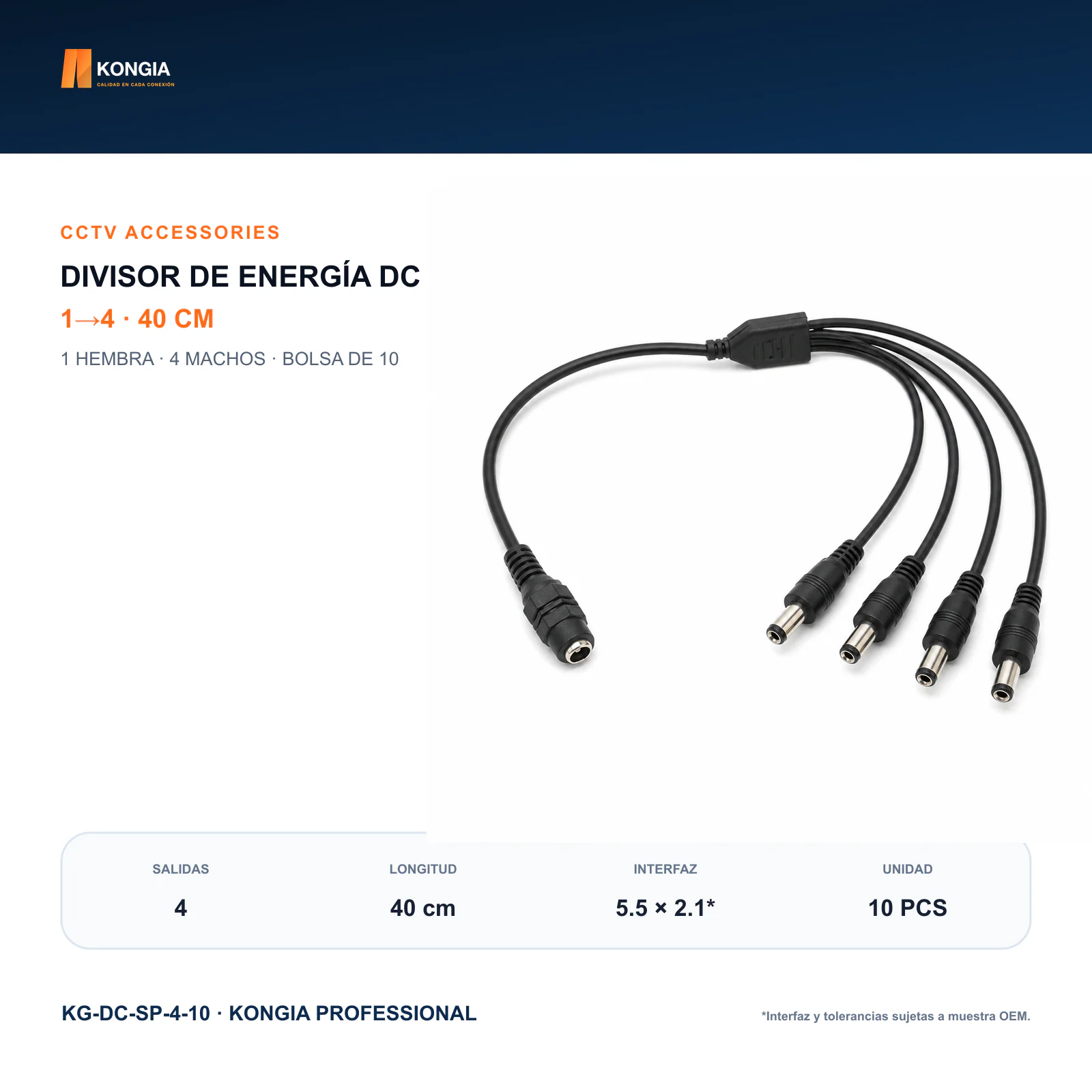 Divisor de Energía DC 1 a 4 para CCTV, 40 cm, Bolsa de 10