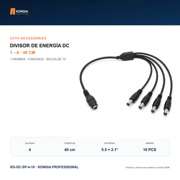 Vista principal con el número exacto de salidas — Divisor de Energía DC 1 a 4 para CCTV, 40 cm, Bolsa de 10 — KG-DC-SP-4-10
