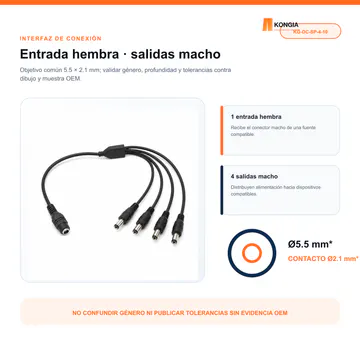 Detalle de entrada hembra y salida macho 5.5 × 2.1 mm — Divisor de Energía DC 1 a 4 para CCTV, 40 cm, Bolsa de 10 — KG-DC-SP-4-10