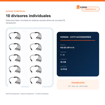 Bolsa KONGIA con 10 divisores individuales — Divisor de Energía DC 1 a 4 para CCTV, 40 cm, Bolsa de 10 — KG-DC-SP-4-10