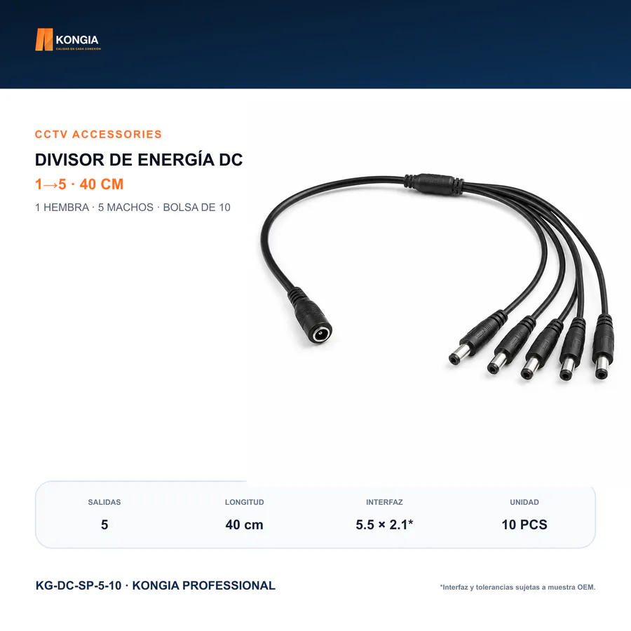Divisor de Energía DC 1 a 5 para CCTV, 40 cm, Bolsa de 10