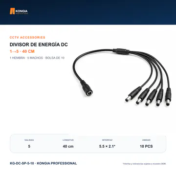 Vista principal con el número exacto de salidas — Divisor de Energía DC 1 a 5 para CCTV, 40 cm, Bolsa de 10 — KG-DC-SP-5-10