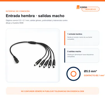 Detalle de entrada hembra y salida macho 5.5 × 2.1 mm — Divisor de Energía DC 1 a 5 para CCTV, 40 cm, Bolsa de 10 — KG-DC-SP-5-10