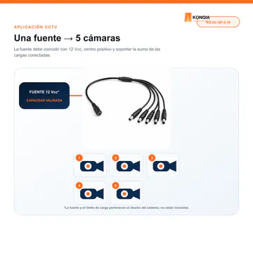 Distribución de alimentación para cámaras CCTV — Divisor de Energía DC 1 a 5 para CCTV, 40 cm, Bolsa de 10 — KG-DC-SP-5-10