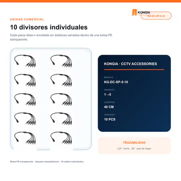Bolsa KONGIA con 10 divisores individuales — Divisor de Energía DC 1 a 5 para CCTV, 40 cm, Bolsa de 10 — KG-DC-SP-5-10