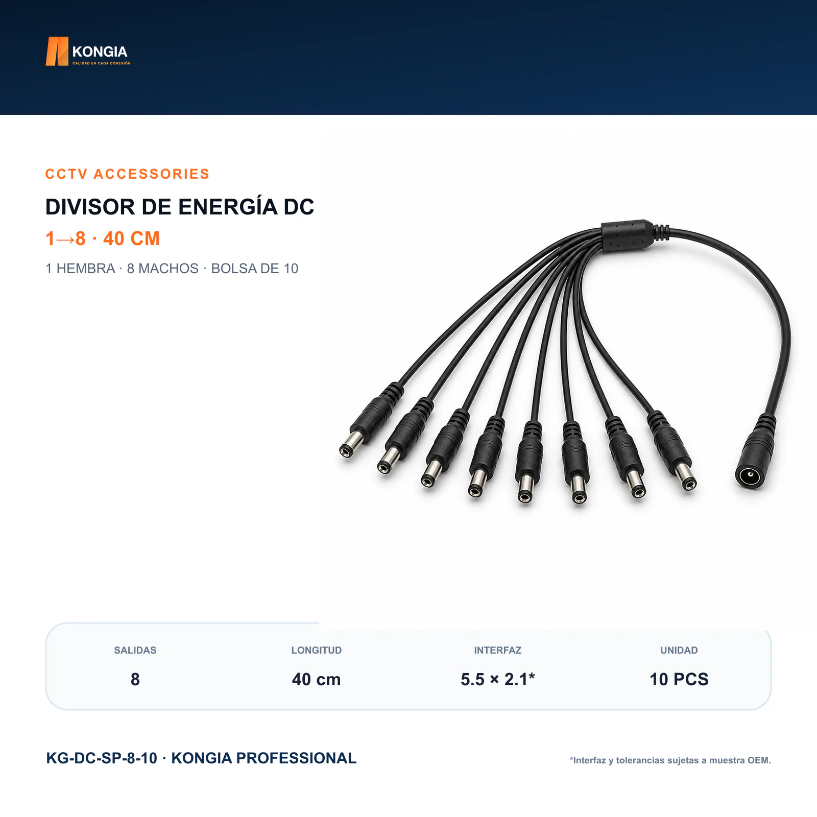 Divisor de Energía DC 1 a 8 para CCTV, 40 cm, Bolsa de 10