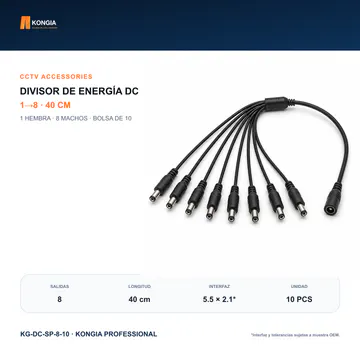 Vista principal con el número exacto de salidas — Divisor de Energía DC 1 a 8 para CCTV, 40 cm, Bolsa de 10 — KG-DC-SP-8-10