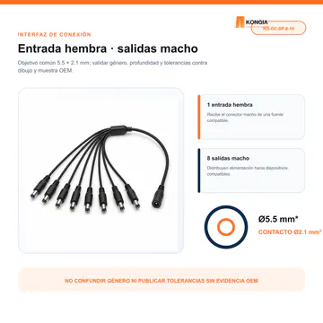 Detalle de entrada hembra y salida macho 5.5 × 2.1 mm — Divisor de Energía DC 1 a 8 para CCTV, 40 cm, Bolsa de 10 — KG-DC-SP-8-10