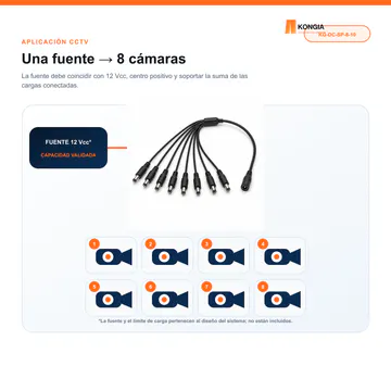 Distribución de alimentación para cámaras CCTV — Divisor de Energía DC 1 a 8 para CCTV, 40 cm, Bolsa de 10 — KG-DC-SP-8-10