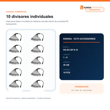Bolsa KONGIA con 10 divisores individuales — Divisor de Energía DC 1 a 8 para CCTV, 40 cm, Bolsa de 10 — KG-DC-SP-8-10