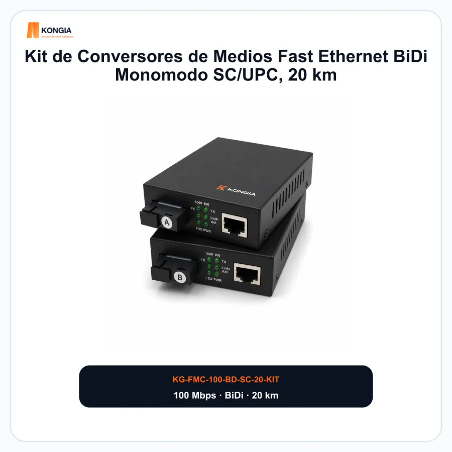 Kit de Conversores de Medios Fast Ethernet BiDi Monomodo SC/UPC, 20 km