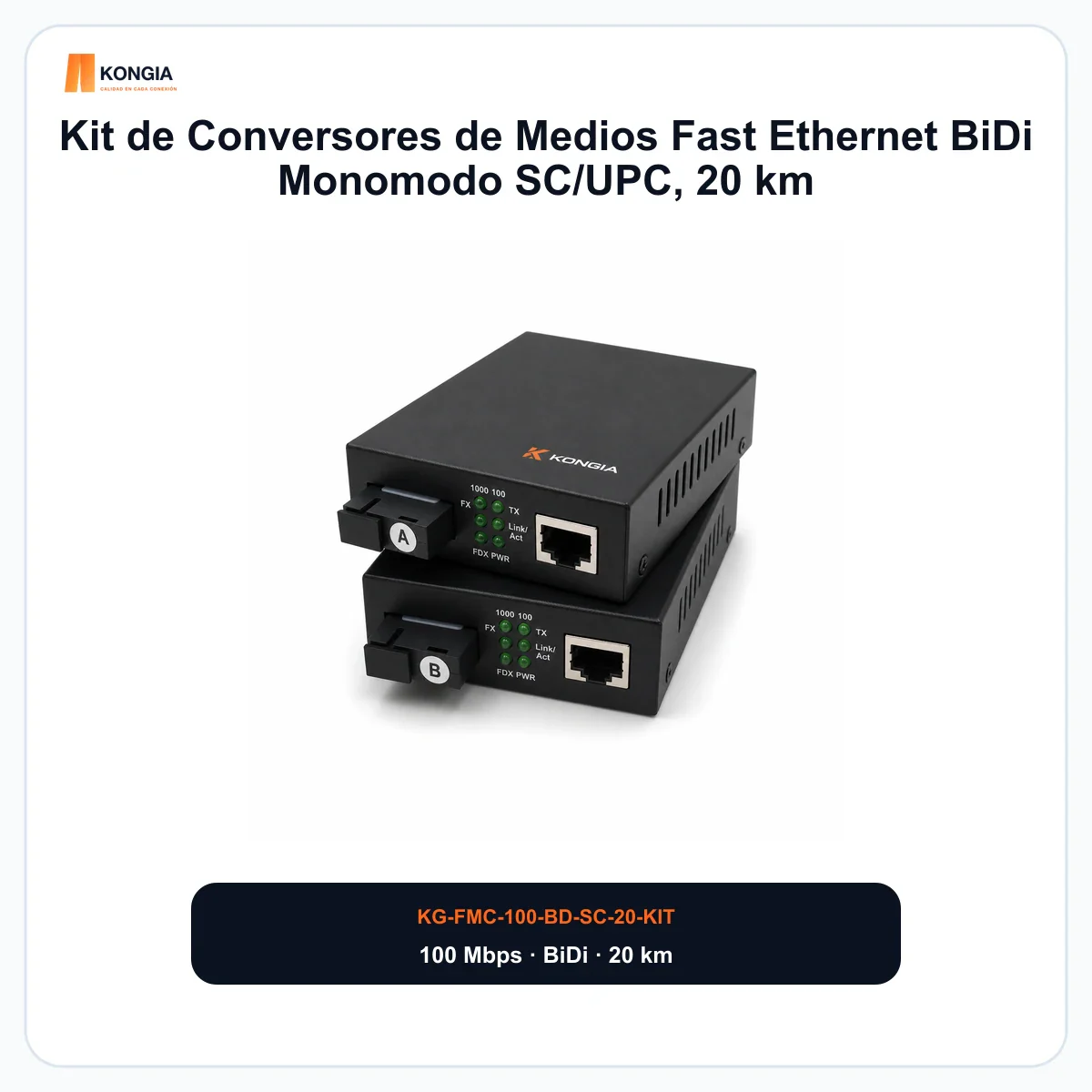 Kit de Conversores de Medios Fast Ethernet BiDi Monomodo SC/UPC, 20 km