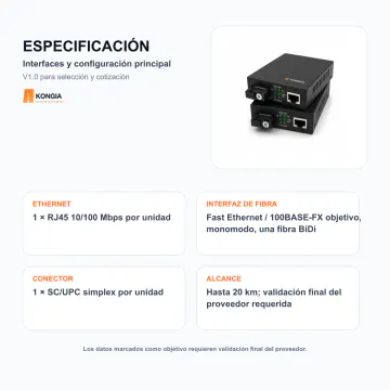 Configuración principal de interfaces - Kit de Conversores de Medios Fast Ethernet BiDi Monomodo SC/UPC, 20 km - KG-FMC-100-BD-SC-20-KIT