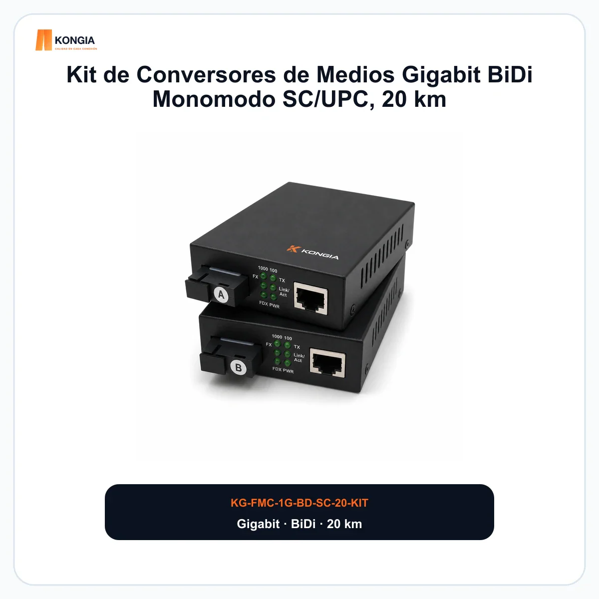Kit de Conversores de Medios Gigabit BiDi Monomodo SC/UPC, 20 km
