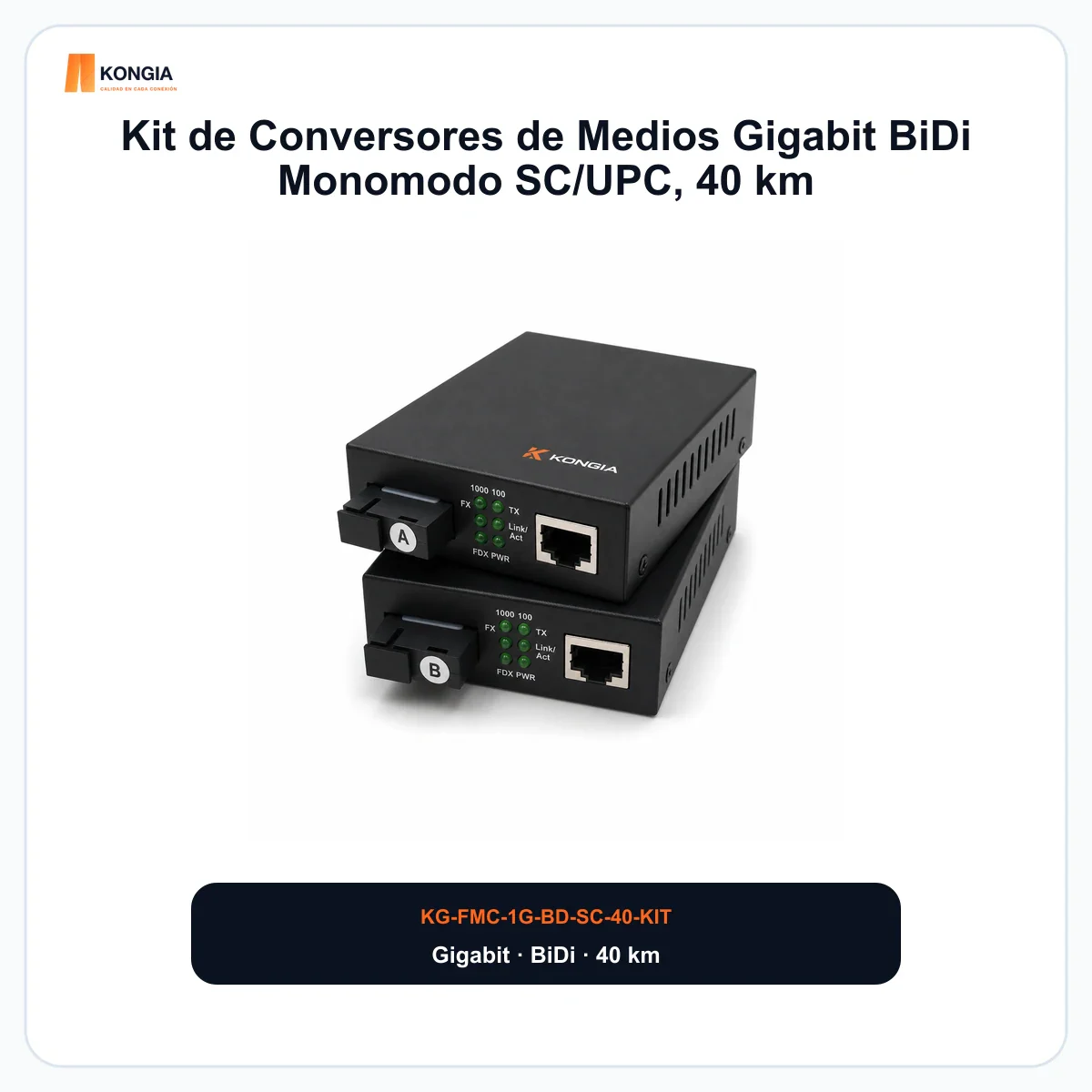 Kit de Conversores de Medios Gigabit BiDi Monomodo SC/UPC, 40 km