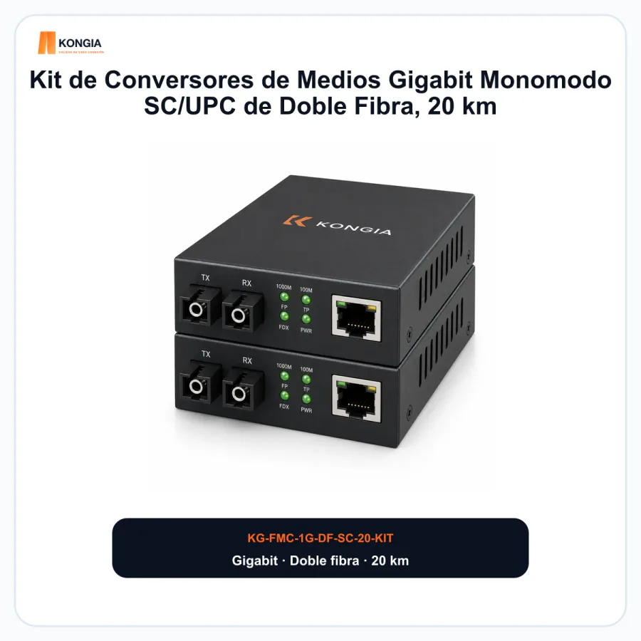 Kit de Conversores de Medios Gigabit Monomodo SC/UPC de Doble Fibra, 20 km