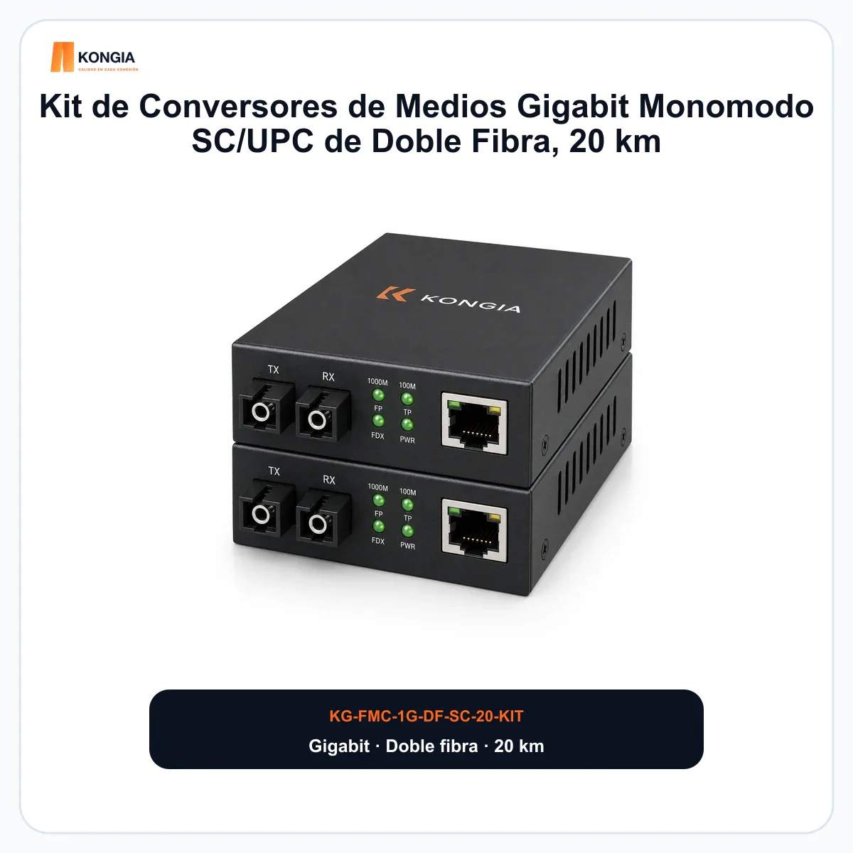 Kit de Conversores de Medios Gigabit Monomodo SC/UPC de Doble Fibra, 20 km