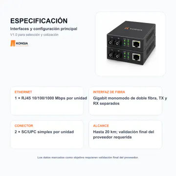 Configuración principal de interfaces - Kit de Conversores de Medios Gigabit Monomodo SC/UPC de Doble Fibra, 20 km - KG-FMC-1G-DF-SC-20-KIT