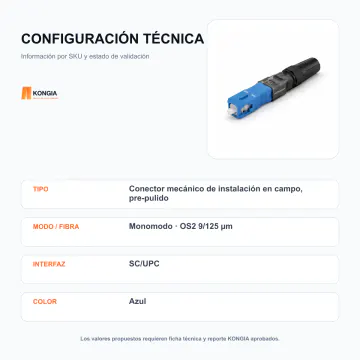 Configuración técnica - Conector Rápido Monomodo SC/UPC - KG-FO-FIC-SM-SCU-10