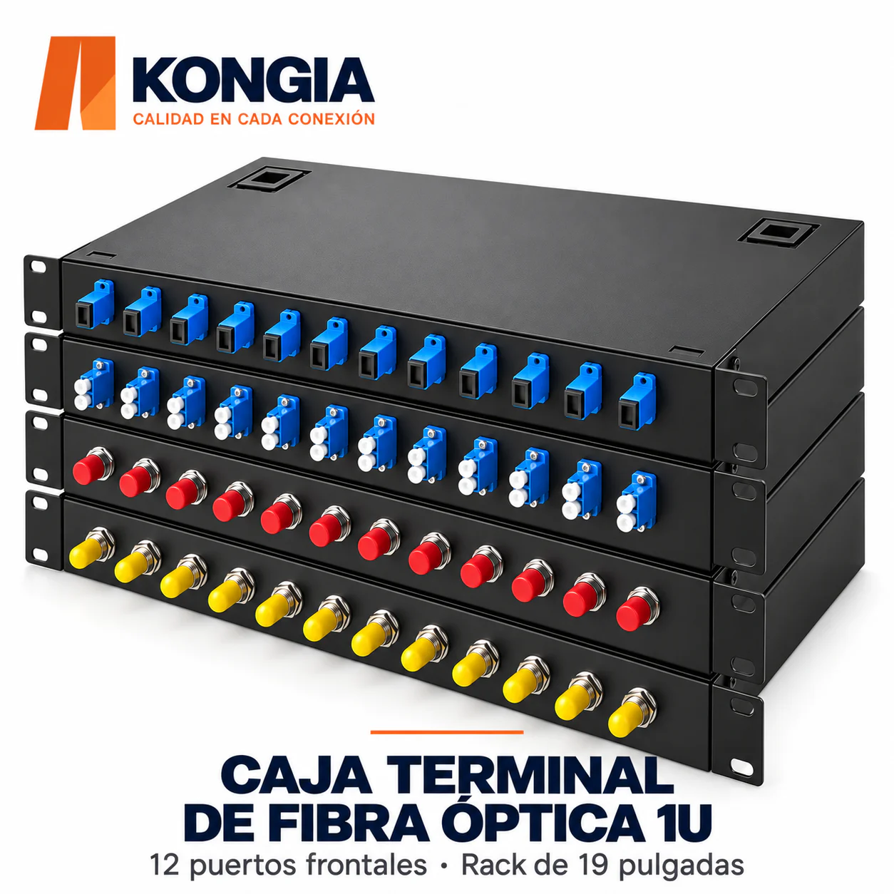Caja Terminal de Rack 1U de 12 Puertos, Cierre por Pestillo, Kit Completo