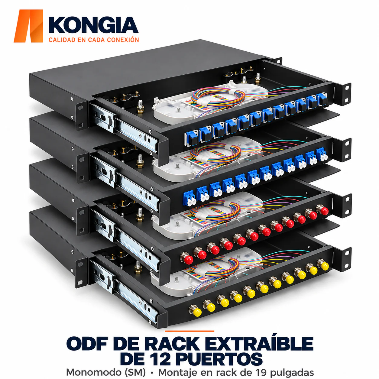 ODF de Rack Extraíble de 12 Puertos, 12 / 24 Fibras, Monomodo, Kit Completo