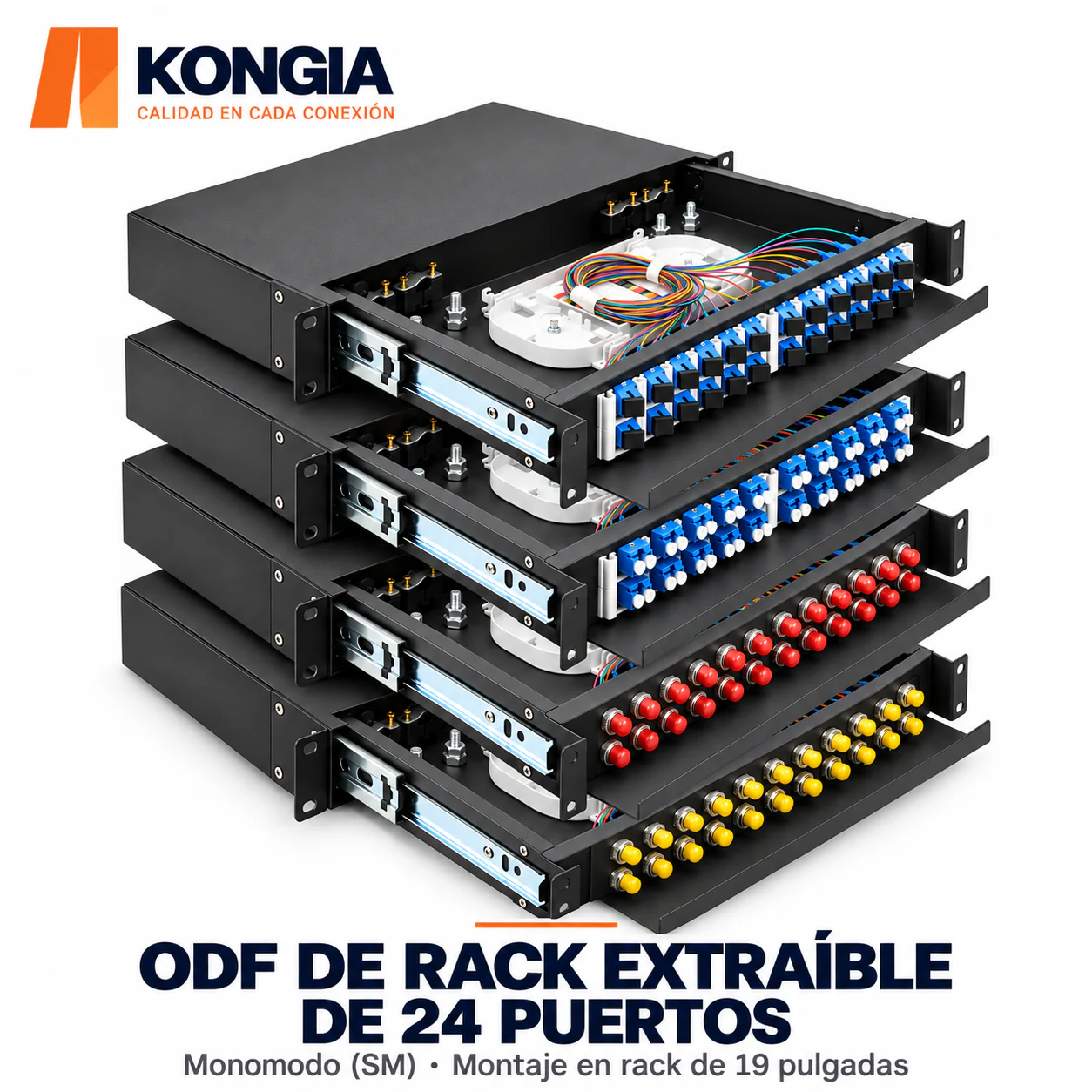 ODF de Rack Extraíble de 24 Puertos, 24 / 48 Fibras, Monomodo, Kit Completo