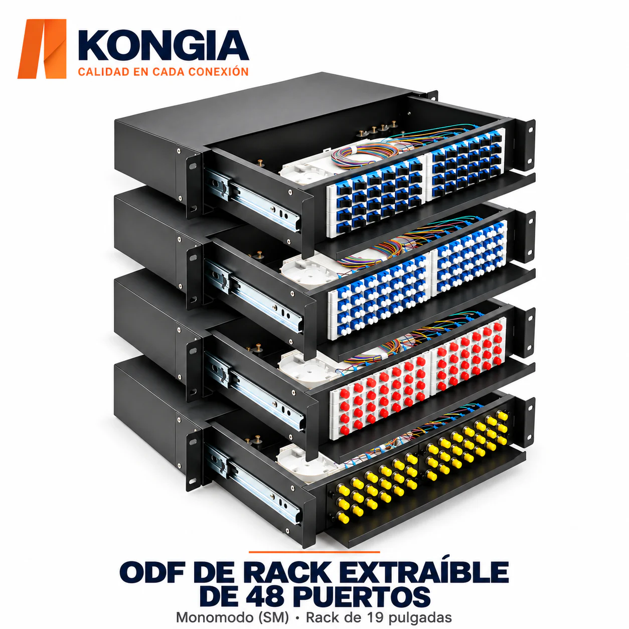 ODF de Rack Extraíble de 48 Puertos, 48 / 96 Fibras, Monomodo, Kit Completo