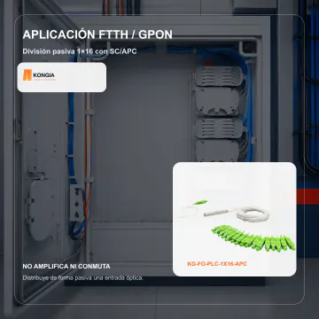Aplicación FTTH y GPON - Divisor Óptico PLC 1×16, Fibra Monomodo, Conectores SC/APC - KG-FO-PLC-1X16-APC