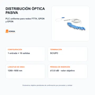 Distribución y parámetros objetivo - Divisor Óptico PLC 1×16, Fibra Monomodo, Conectores SC/UPC - KG-FO-PLC-1X16-UPC