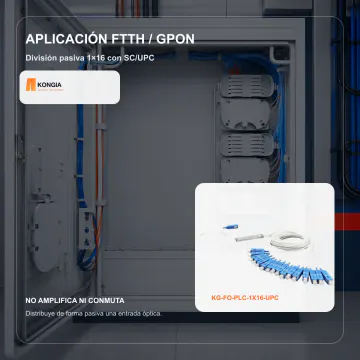 Aplicación FTTH y GPON - Divisor Óptico PLC 1×16, Fibra Monomodo, Conectores SC/UPC - KG-FO-PLC-1X16-UPC