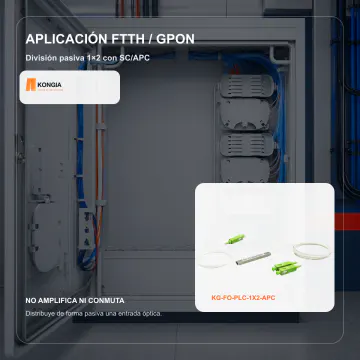 Aplicación FTTH y GPON - Divisor Óptico PLC 1×2, Fibra Monomodo, Conectores SC/APC - KG-FO-PLC-1X2-APC