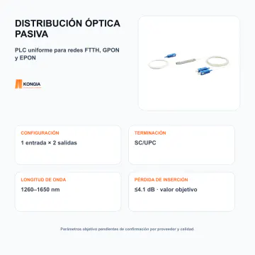 Distribución y parámetros objetivo - Divisor Óptico PLC 1×2, Fibra Monomodo, Conectores SC/UPC - KG-FO-PLC-1X2-UPC