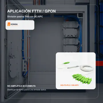 Aplicación FTTH y GPON - Divisor Óptico PLC 1×8, Fibra Monomodo, Conectores SC/APC - KG-FO-PLC-1X8-APC