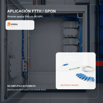 Aplicación FTTH y GPON - Divisor Óptico PLC 1×8, Fibra Monomodo, Conectores SC/UPC - KG-FO-PLC-1X8-UPC