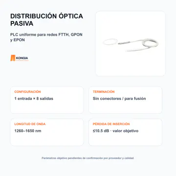 Distribución y parámetros objetivo - Divisor Óptico PLC 1×8, Fibra Monomodo, Sin Conectores, para Fusión - KG-FO-PLC-1X8-WOC