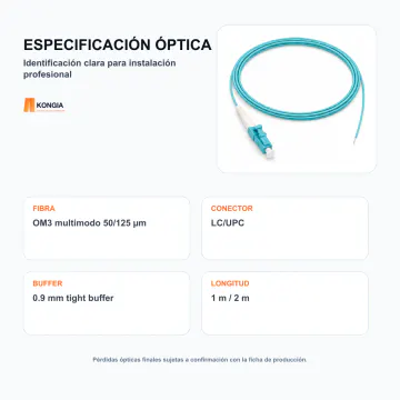 Especificación e identificación óptica - Pigtail de Fibra Óptica OM3 multimodo 50/125 µm LC/UPC - KG-FO-PT-OM3-LCU
