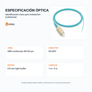 Especificación e identificación óptica - Pigtail de Fibra Óptica OM3 multimodo 50/125 µm SC/UPC - KG-FO-PT-OM3-SCU